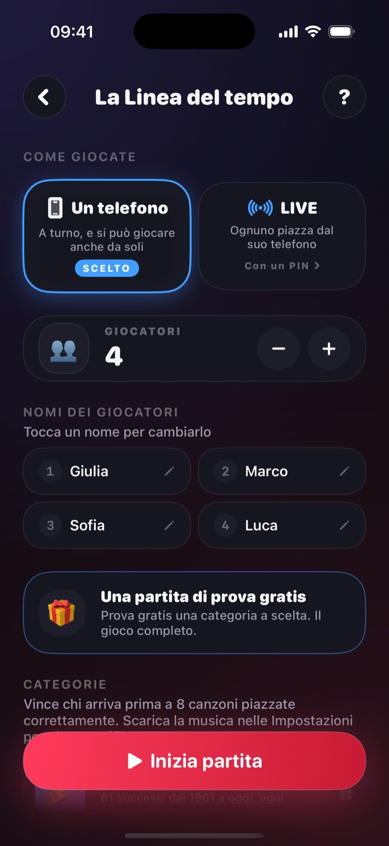Schermata di preparazione della Linea del tempo: One phone selezionato accanto a LIVE, contatore giocatori su 4, i nomi Olivia, Jake, Mia e Tyler e il pulsante Start Game (screenshot della versione inglese)