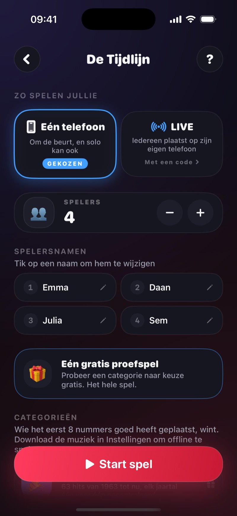 Setup-scherm van De Tijdlijn: One phone geselecteerd naast LIVE, een spelerteller op 4, de namen Olivia, Jake, Mia en Tyler en de Start Game-knop (screenshot van de Engelse versie)
