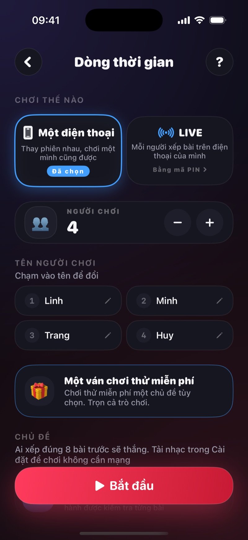 Màn hình thiết lập Dòng thời gian: lựa chọn Một điện thoại bên cạnh LIVE, bộ đếm số người chơi, danh sách tên người chơi và nút Bắt đầu