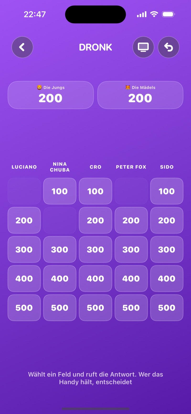 Die Tafel in Dronk: Musikquiz-Tafel mit Feldern von 100 bis 500 Punkten