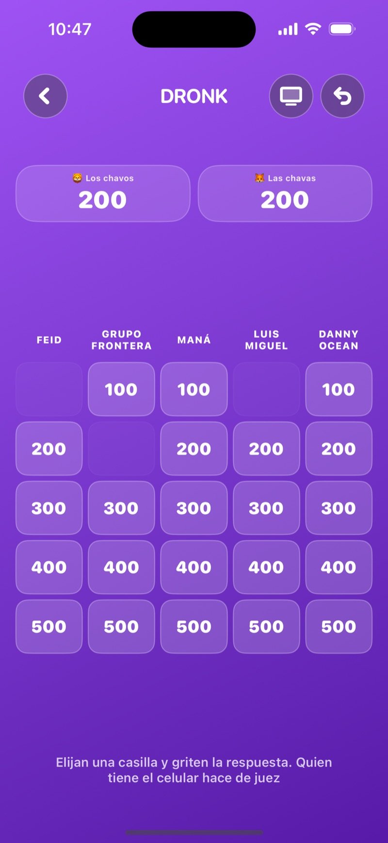 El Tablero en Dronk: tablero de trivia musical con casillas de 100 a 500 puntos