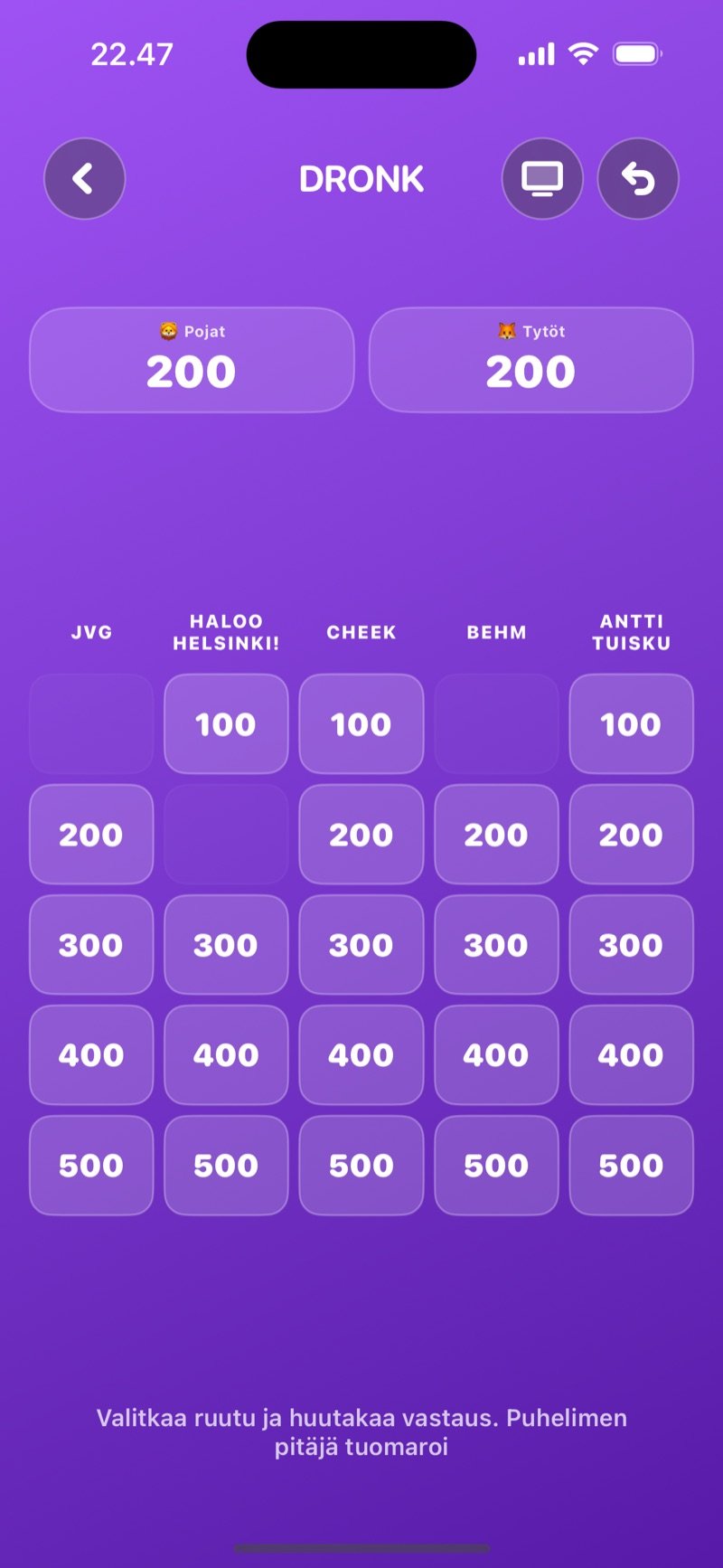 Taulu Dronkissa: musavisataulu, jossa ruudut 100:sta 500 pisteeseen