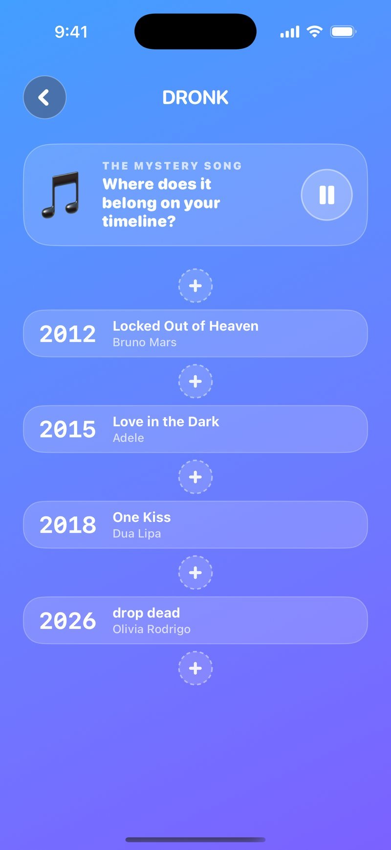 The Timeline in Dronk — place the mystery song between the years on your timeline