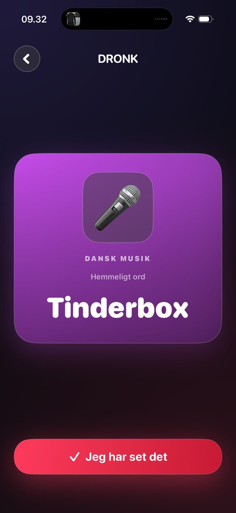 Imposter i Dronk: et lilla kort med mikrofon-ikon, kategorien Dansk Musik, teksten Hemmeligt ord og ordet Tinderbox, med knappen Jeg har set det nederst